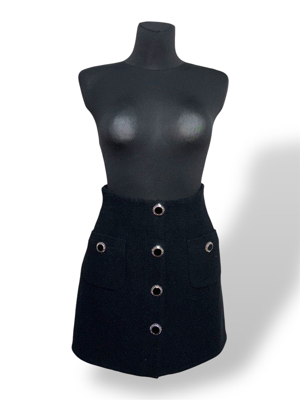 Minifalda Alessandra Rich Tweed Negro con Botones de Cristal