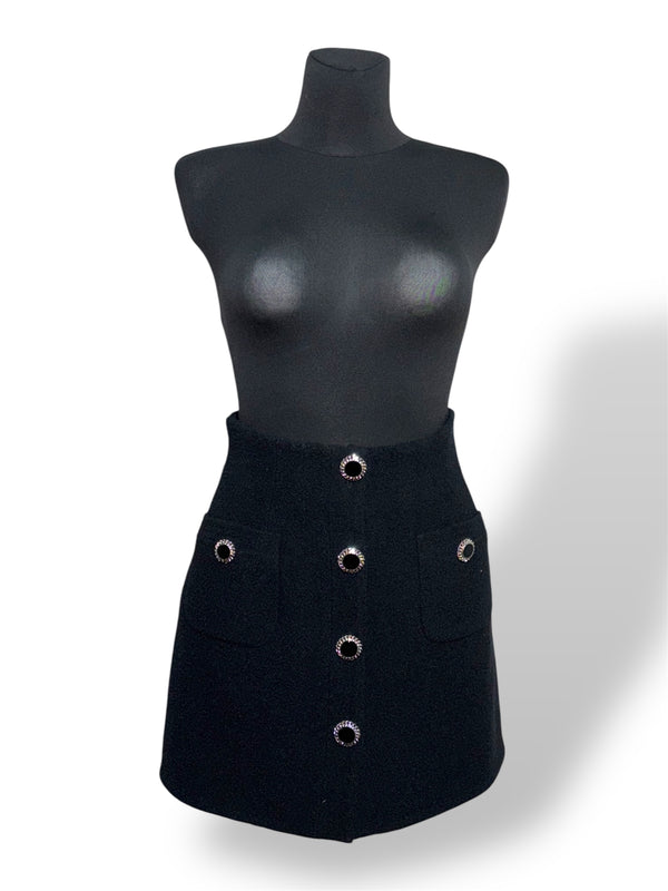Minifalda Alessandra Rich Tweed Negro con Botones de Cristal