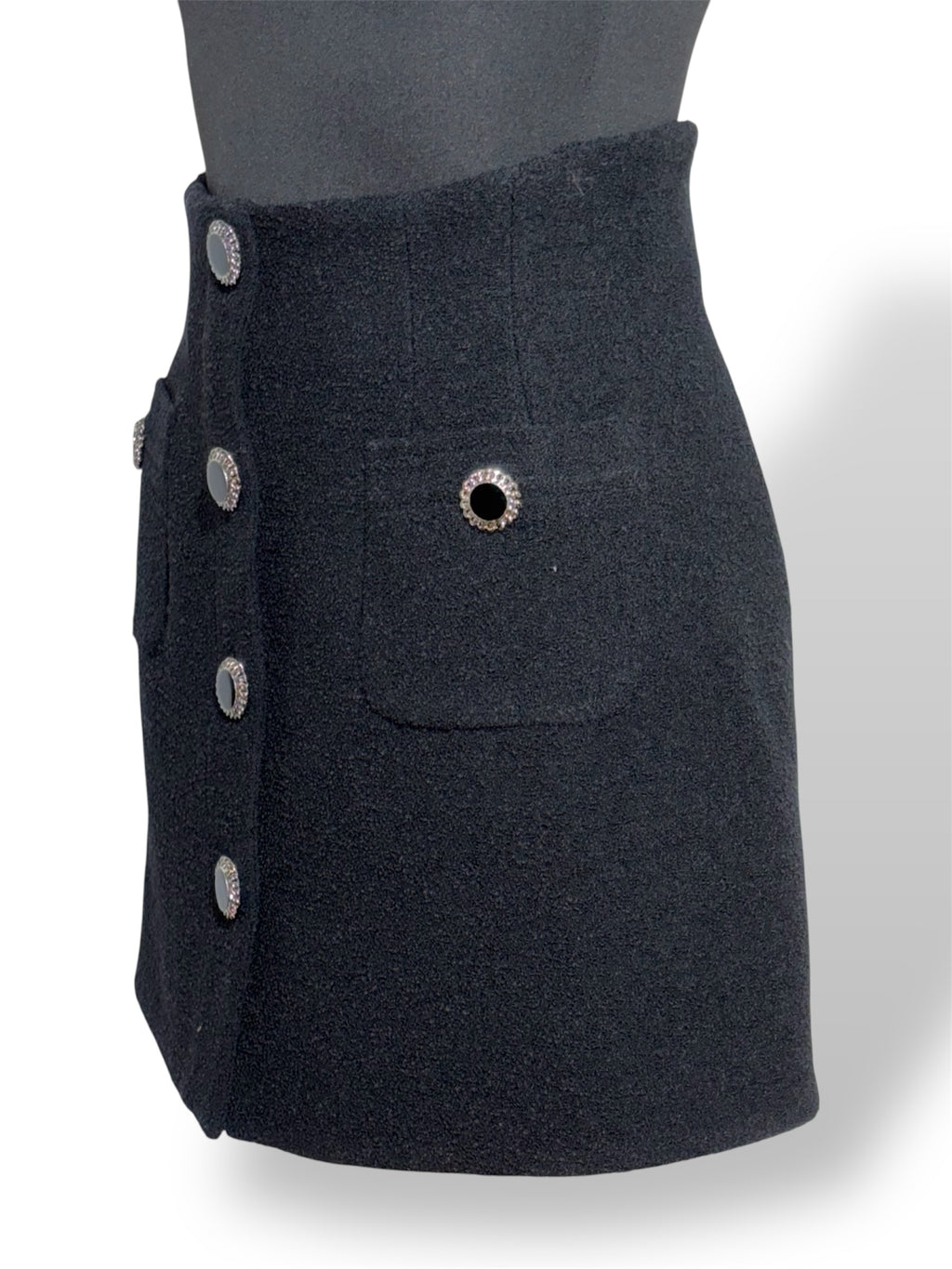 Minifalda Alessandra Rich Tweed Negro con Botones de Cristal