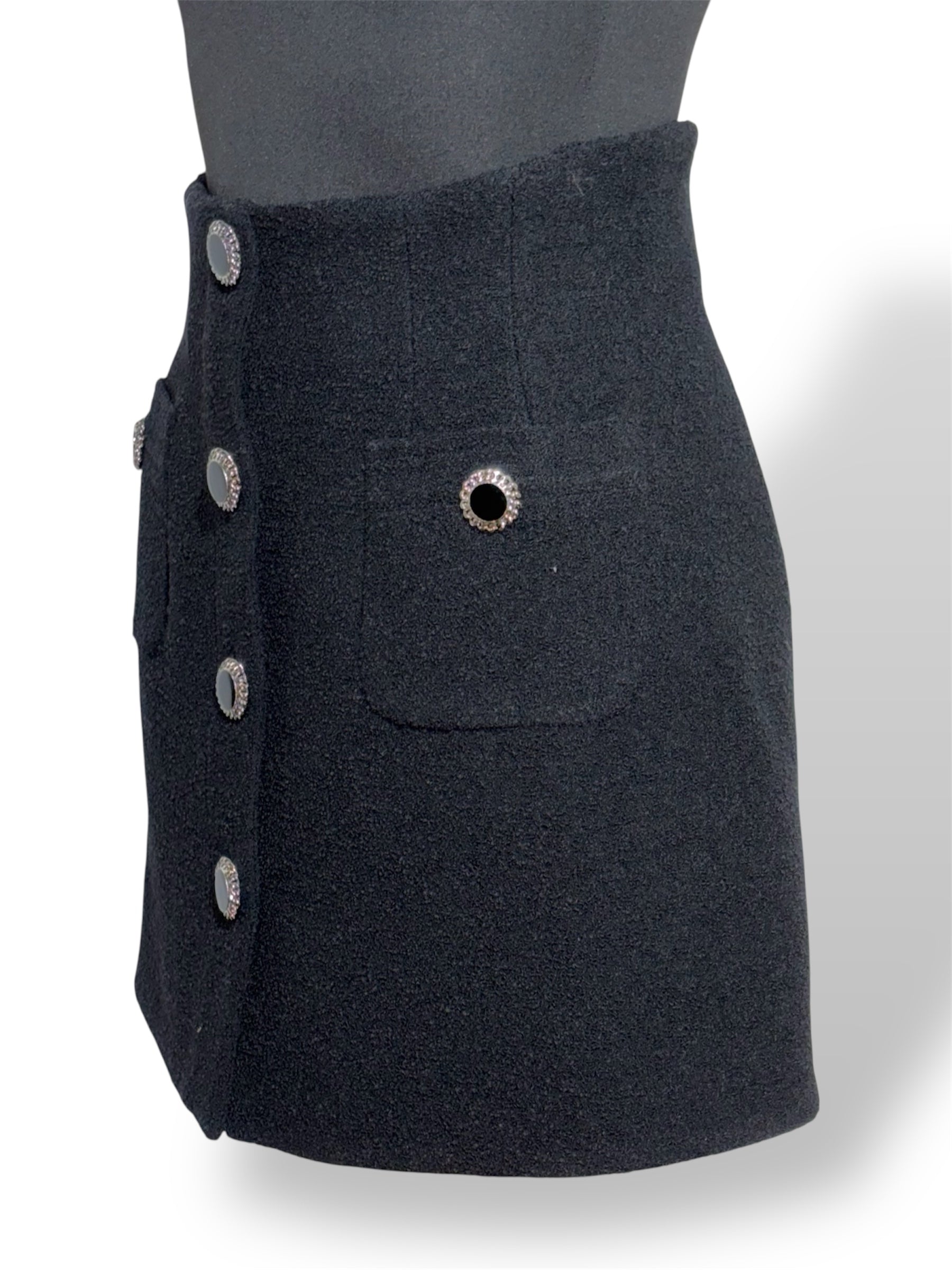 Minifalda Alessandra Rich Tweed Negro con Botones de Cristal