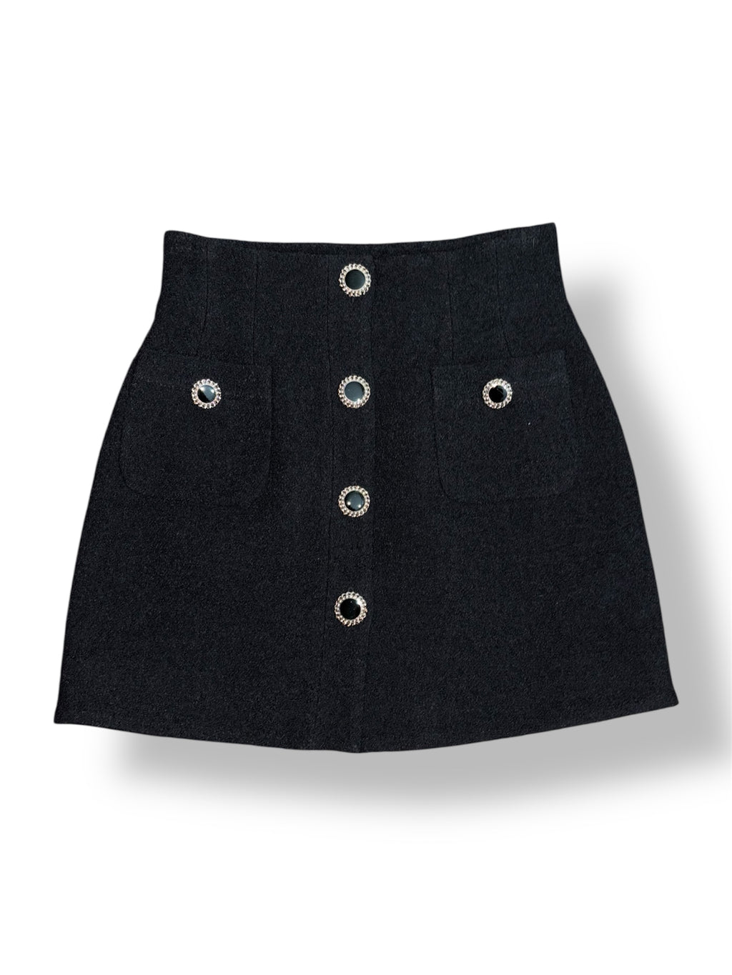 Minifalda Alessandra Rich Tweed Negro con Botones de Cristal