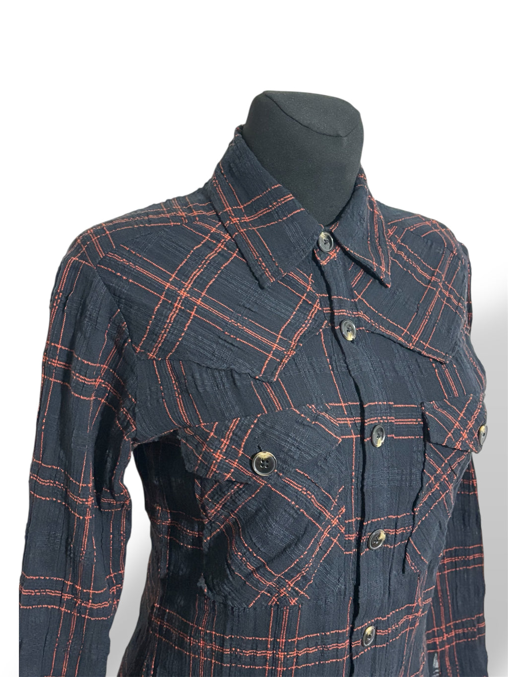 Camisa Fina de Cuadros Negros y Naranjas Antik Batik