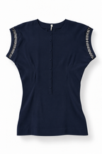 Vestido túnica IRO azul marino de seda con detalles calados – Talla 0