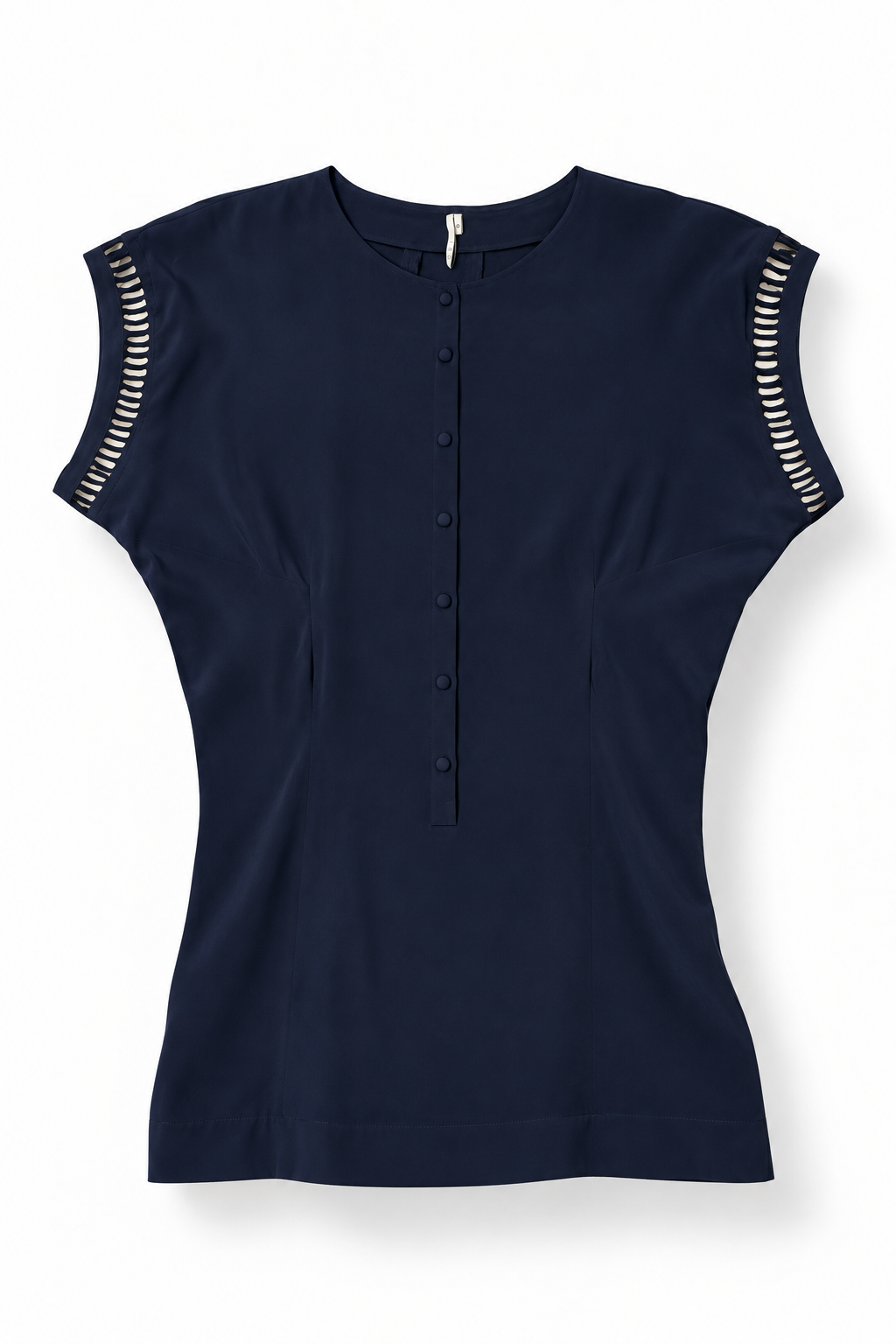 Vestido túnica IRO azul marino de seda con detalles calados – Talla 0