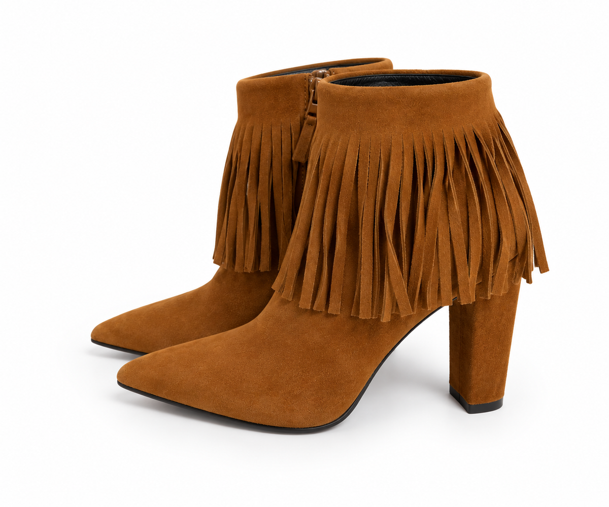 Botines Stuart Weitzman Fringetimes de ante coñac con flecos – Talla 38,5