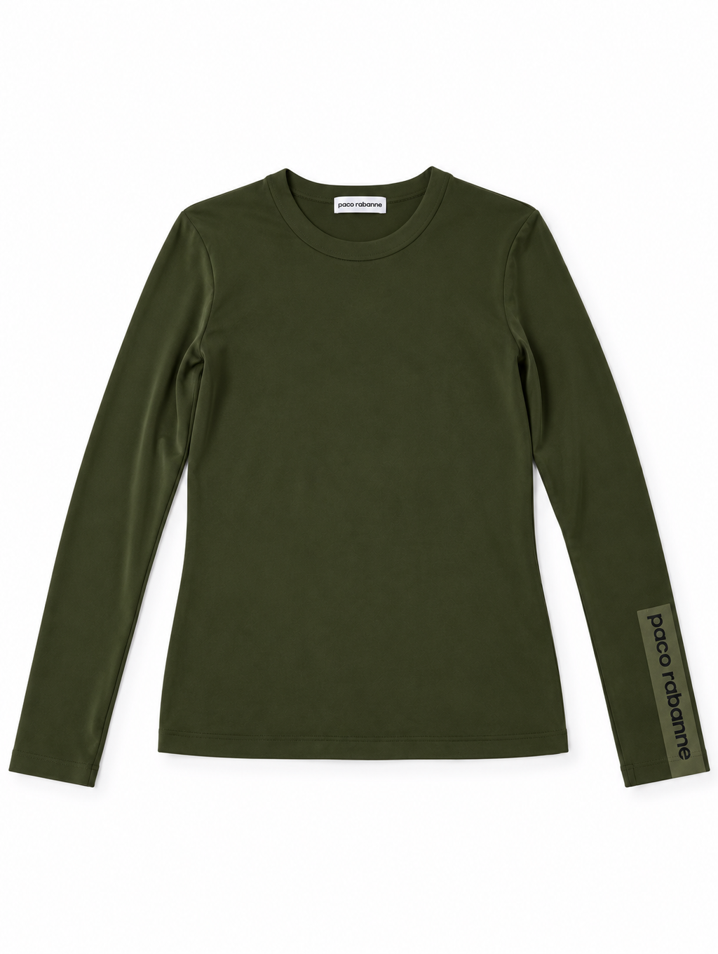 Camiseta Paco Rabanne verde caqui de manga larga con logo en el puño – Talla S
