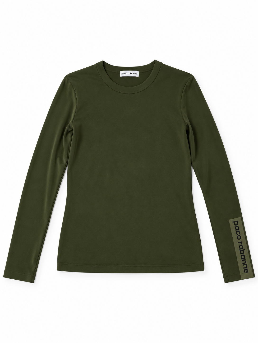 Camiseta Paco Rabanne verde caqui de manga larga con logo en el puño – Talla S