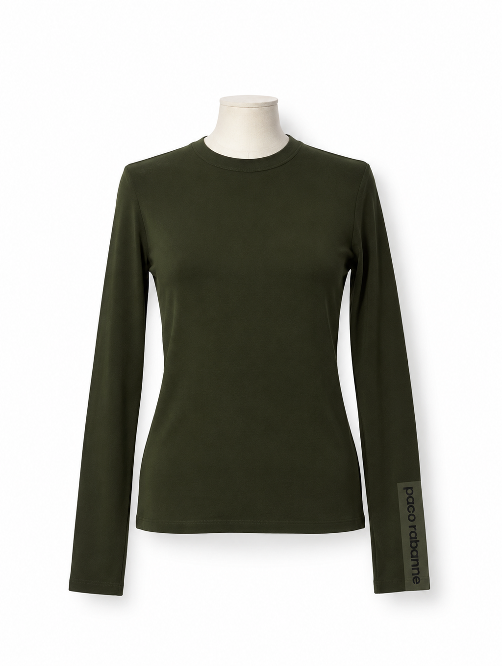 Camiseta Paco Rabanne verde caqui de manga larga con logo en el puño – Talla S
