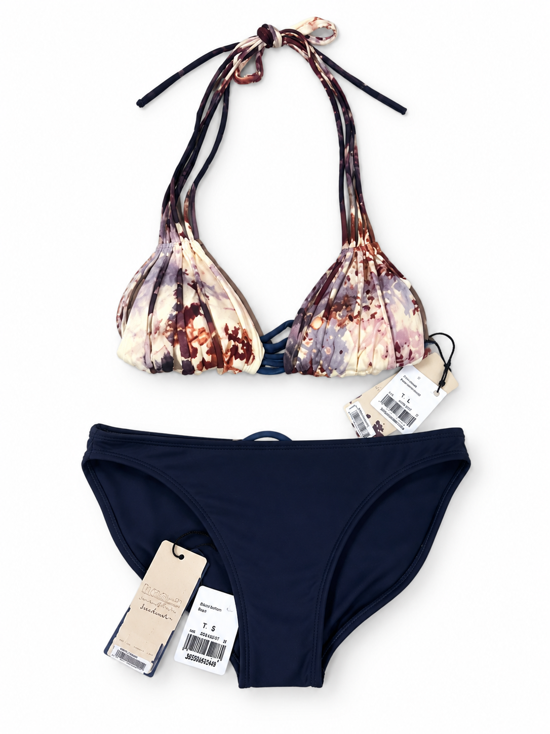 Bikini Entreaguas floral y azul marino – Top talla L y braguita talla S – Nuevo con etiquetas – Años 2010