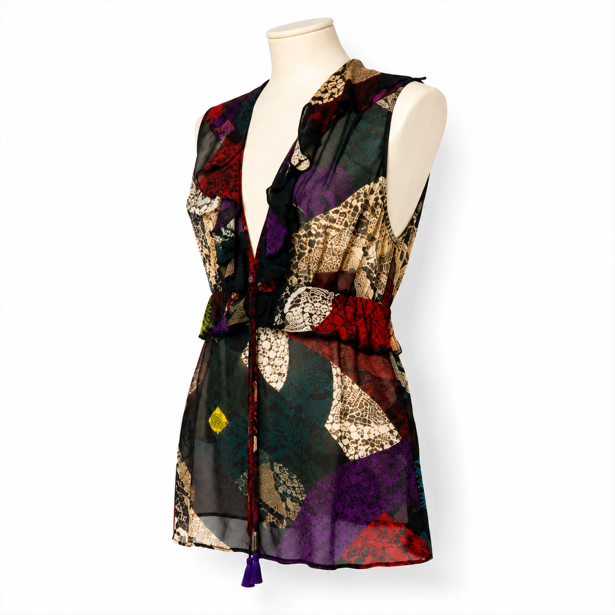Top Just Cavalli semitransparente con estampado animal multicolor – Talla 38
