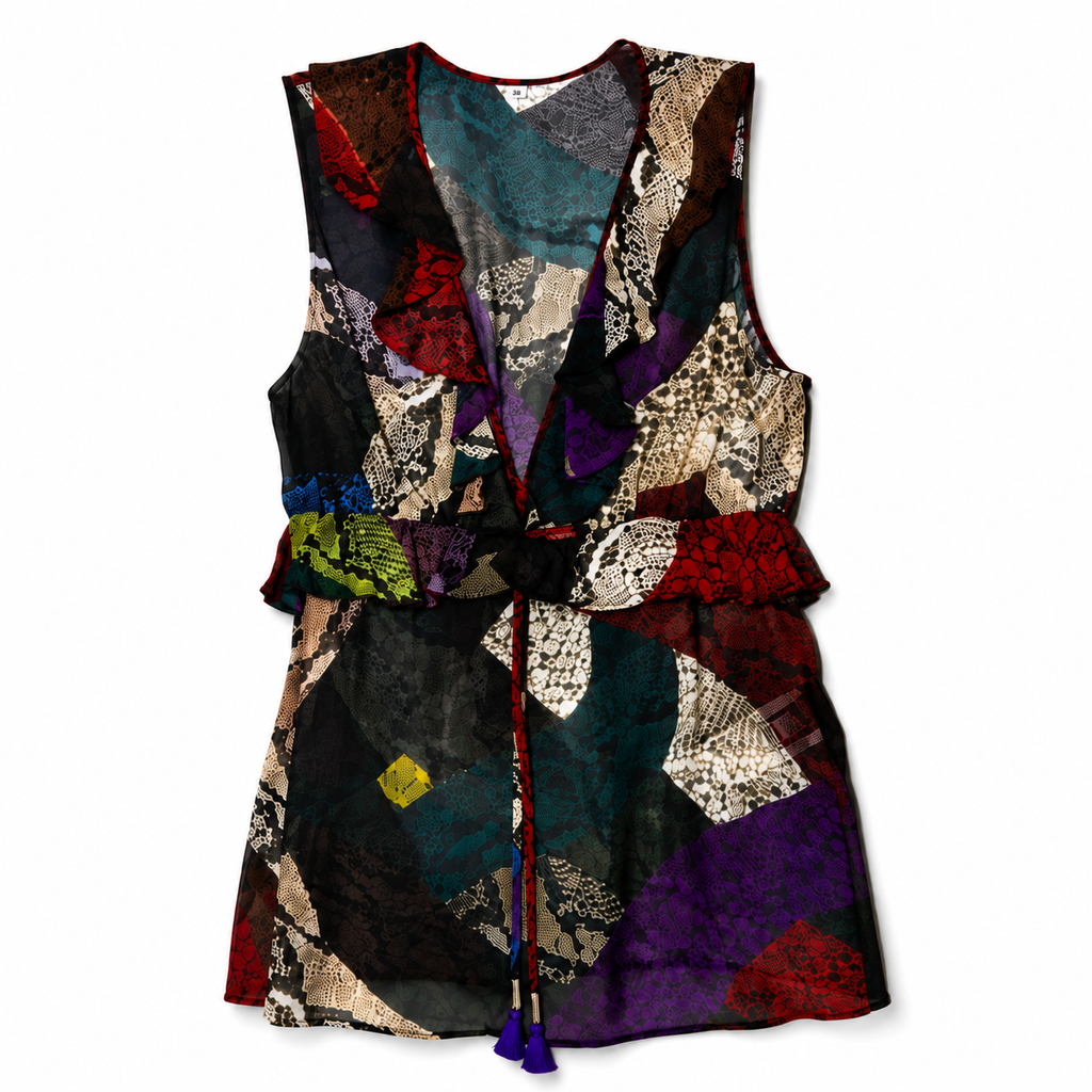 Top Just Cavalli semitransparente con estampado animal multicolor – Talla 38