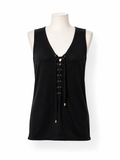 Top negro Balmain de lino con escote acordonado – Talla 36