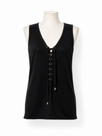 Top negro Balmain de lino con escote acordonado – Talla 36