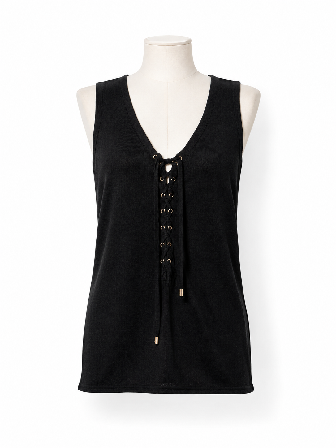 Top negro Balmain de lino con escote acordonado – Talla 36