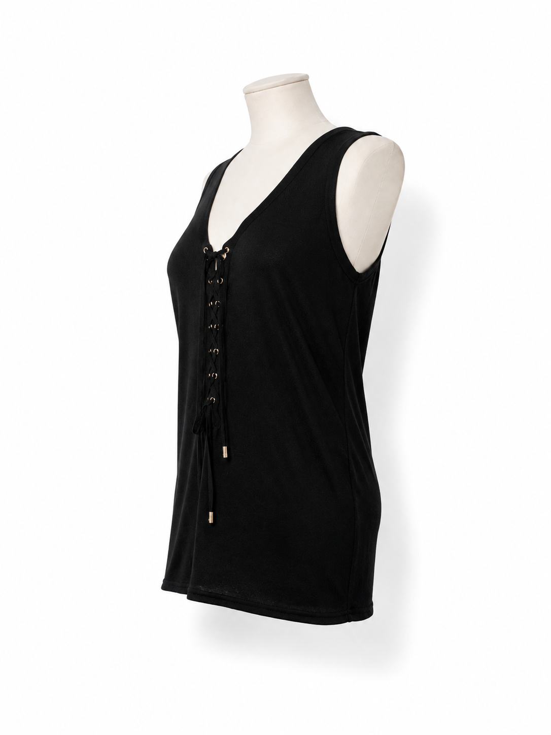 Top negro Balmain de lino con escote acordonado – Talla 36
