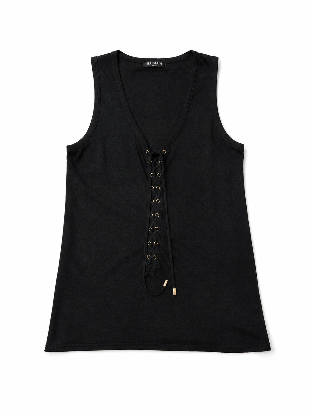 Top negro Balmain de lino con escote acordonado – Talla 36