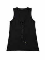 Top negro Balmain de lino con escote acordonado – Talla 36