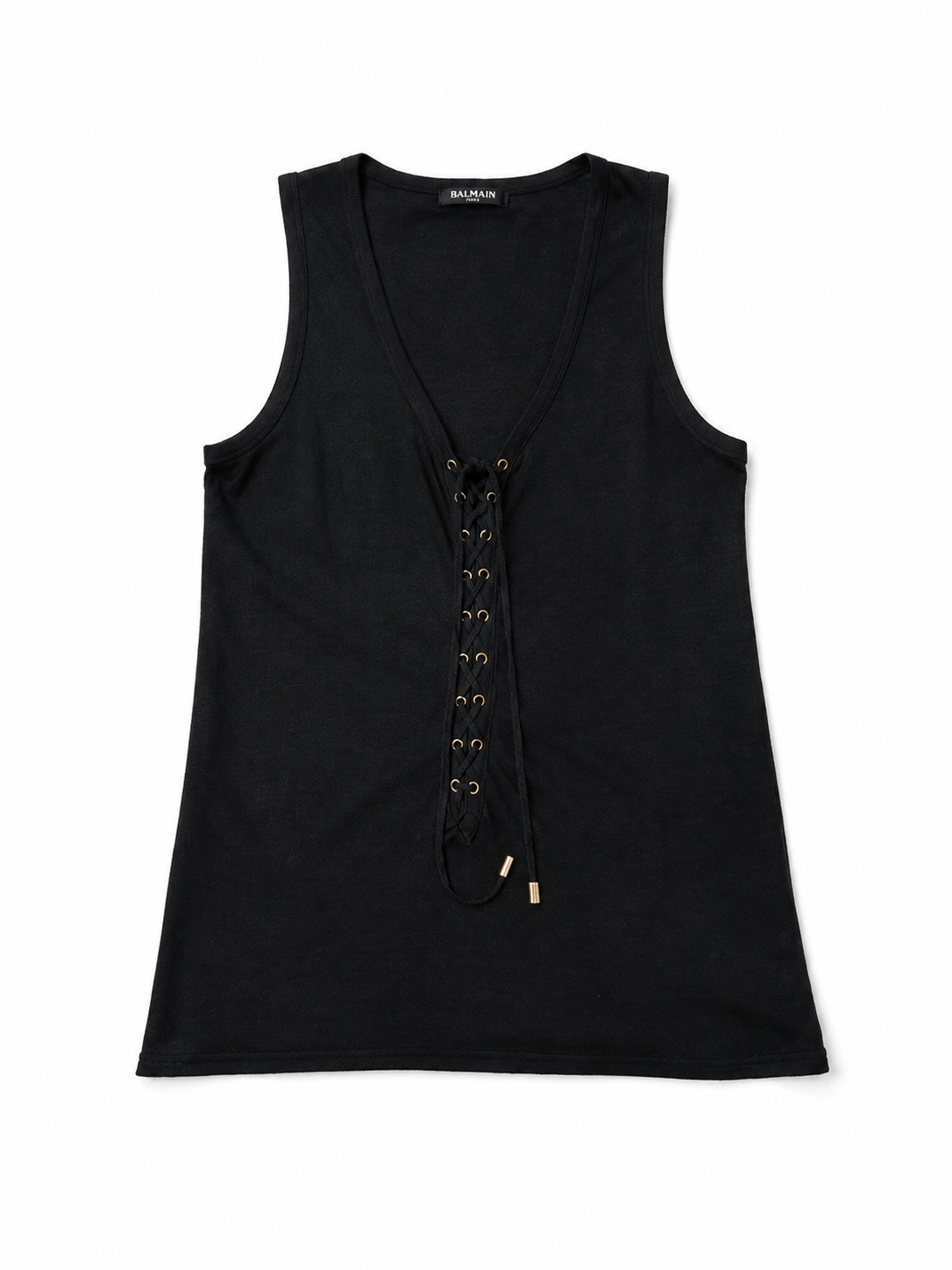 Top negro Balmain de lino con escote acordonado – Talla 36