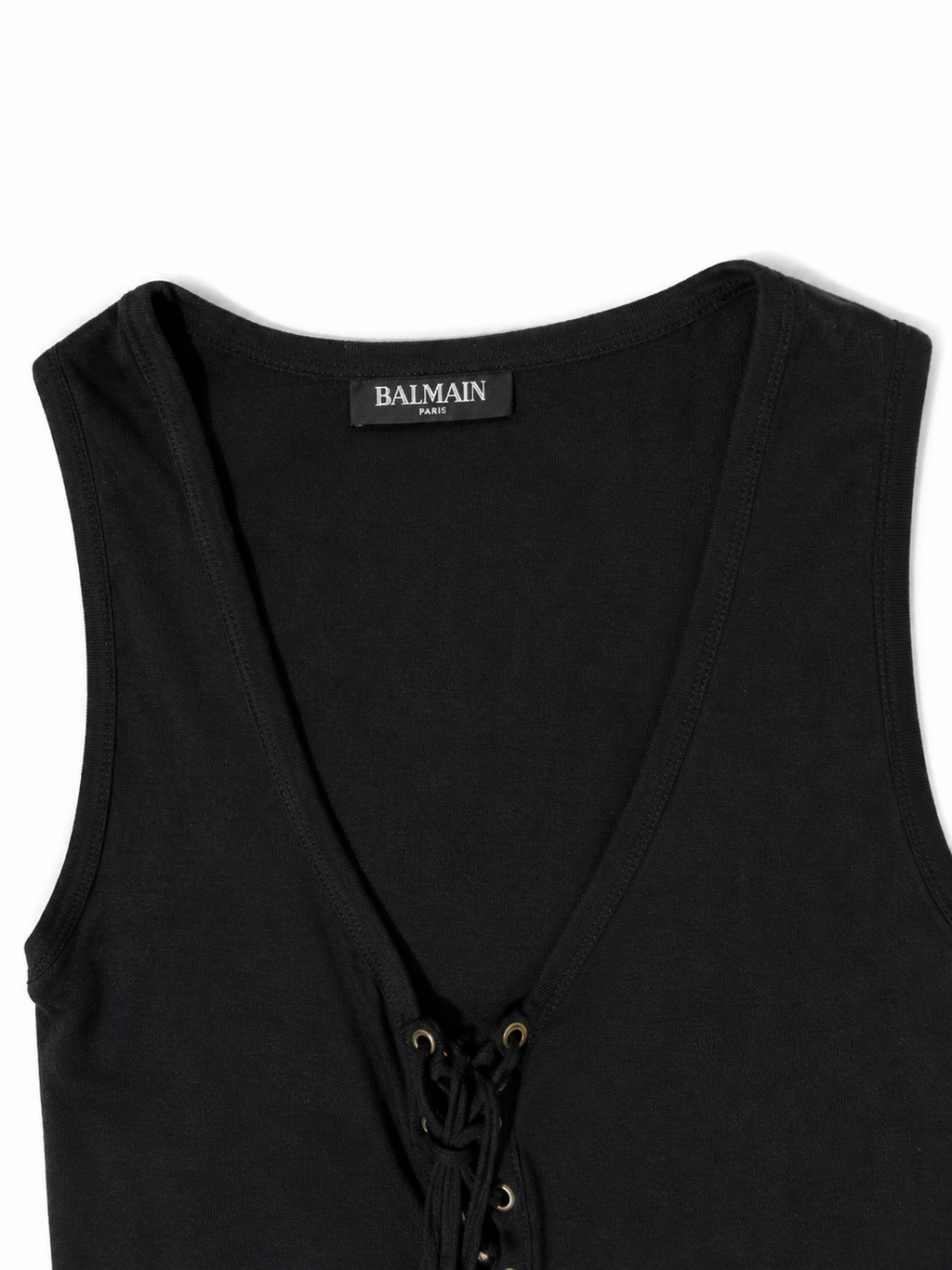 Top negro Balmain de lino con escote acordonado – Talla 36