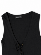Top negro Balmain de lino con escote acordonado – Talla 36
