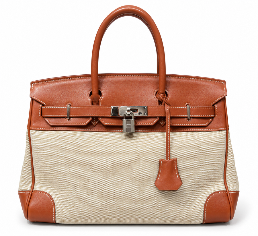 Bolso Hermès Birkin 35 de lona Toile H y piel color coñac, 1998