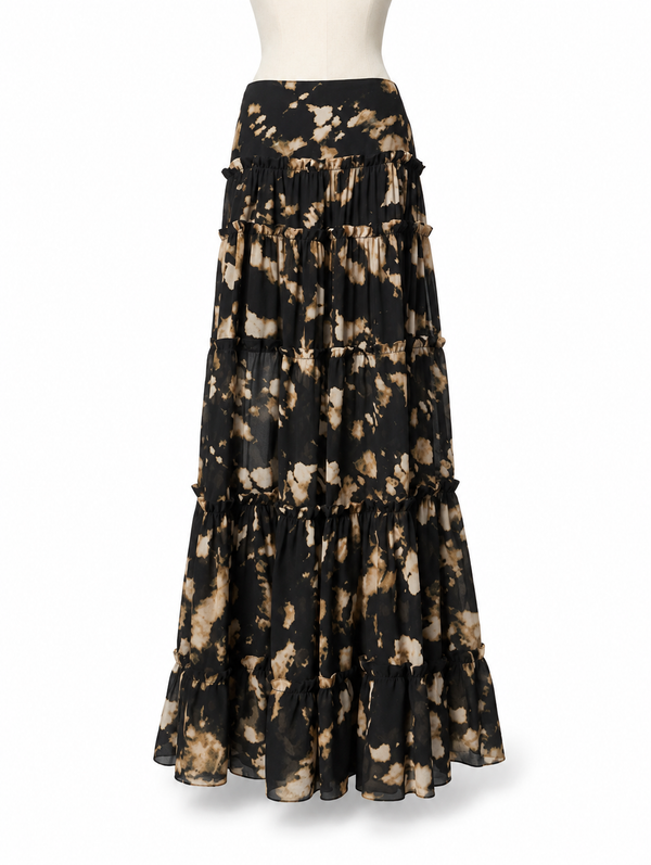 Falda larga Liu Jo negra con estampado floral abstracto y volantes - Talla: 40 IT