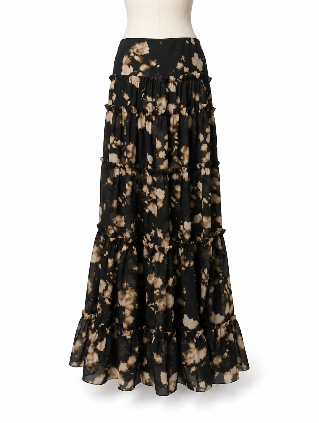 Falda larga Liu Jo negra con estampado floral abstracto y volantes - Talla: 40 IT