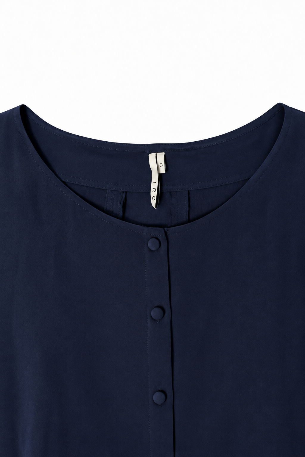 Vestido túnica IRO azul marino de seda con detalles calados – Talla 0