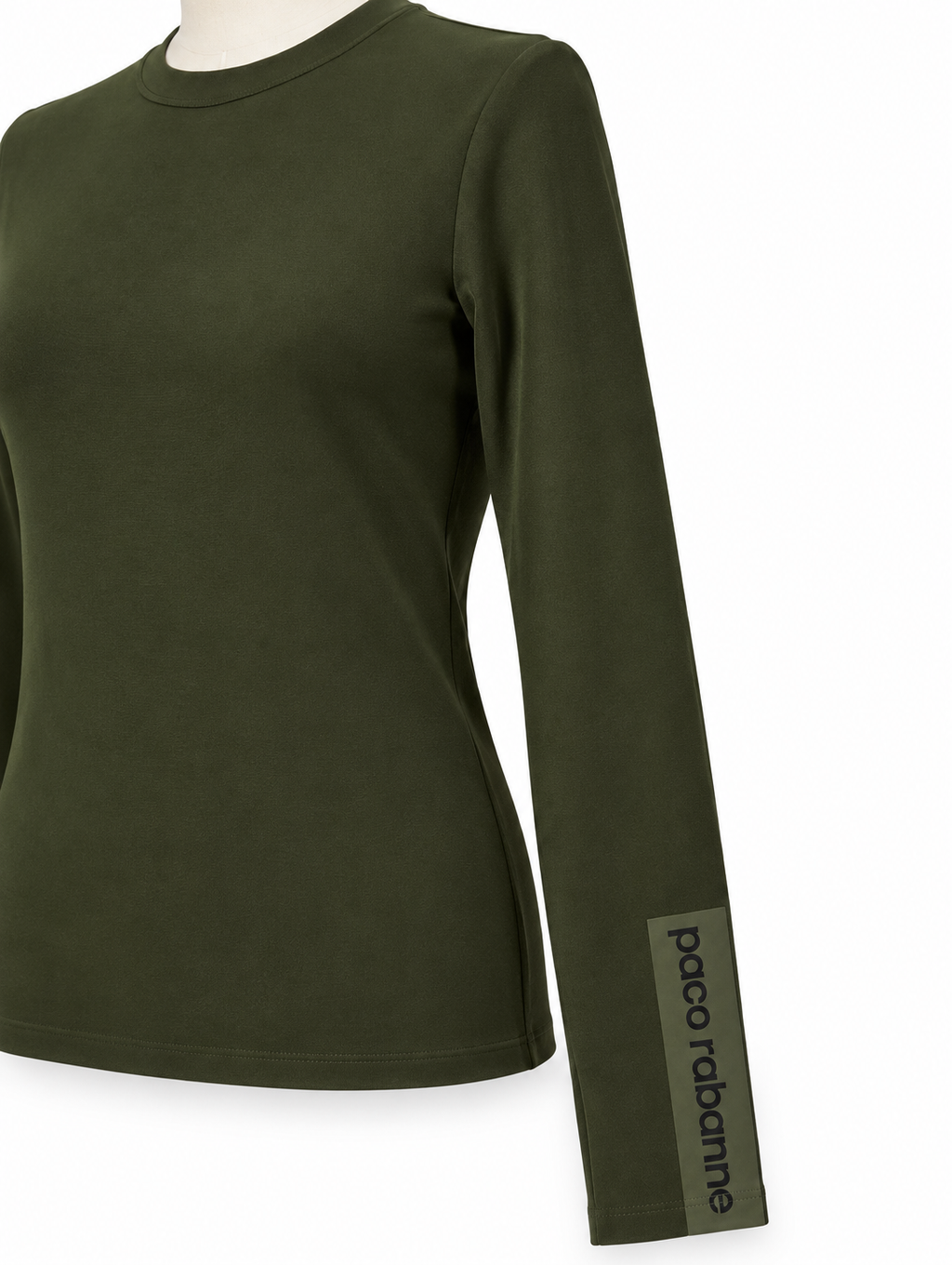 Camiseta Paco Rabanne verde caqui de manga larga con logo en el puño – Talla S