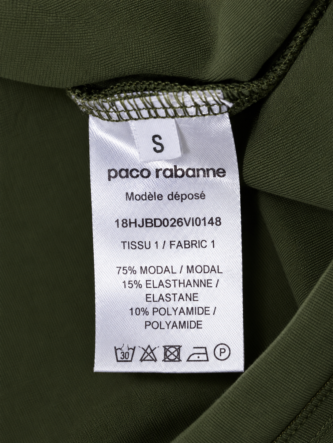 Camiseta Paco Rabanne verde caqui de manga larga con logo en el puño – Talla S