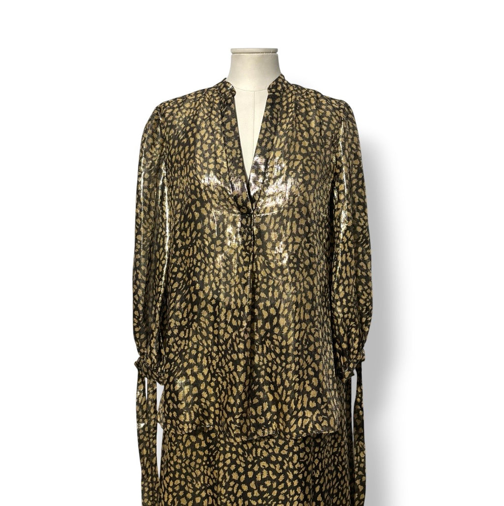 Conjunto de Blusa y Falda Maxi de Lujo Alice + Olivia con Estampado de Leopardo Metalizado Dorado