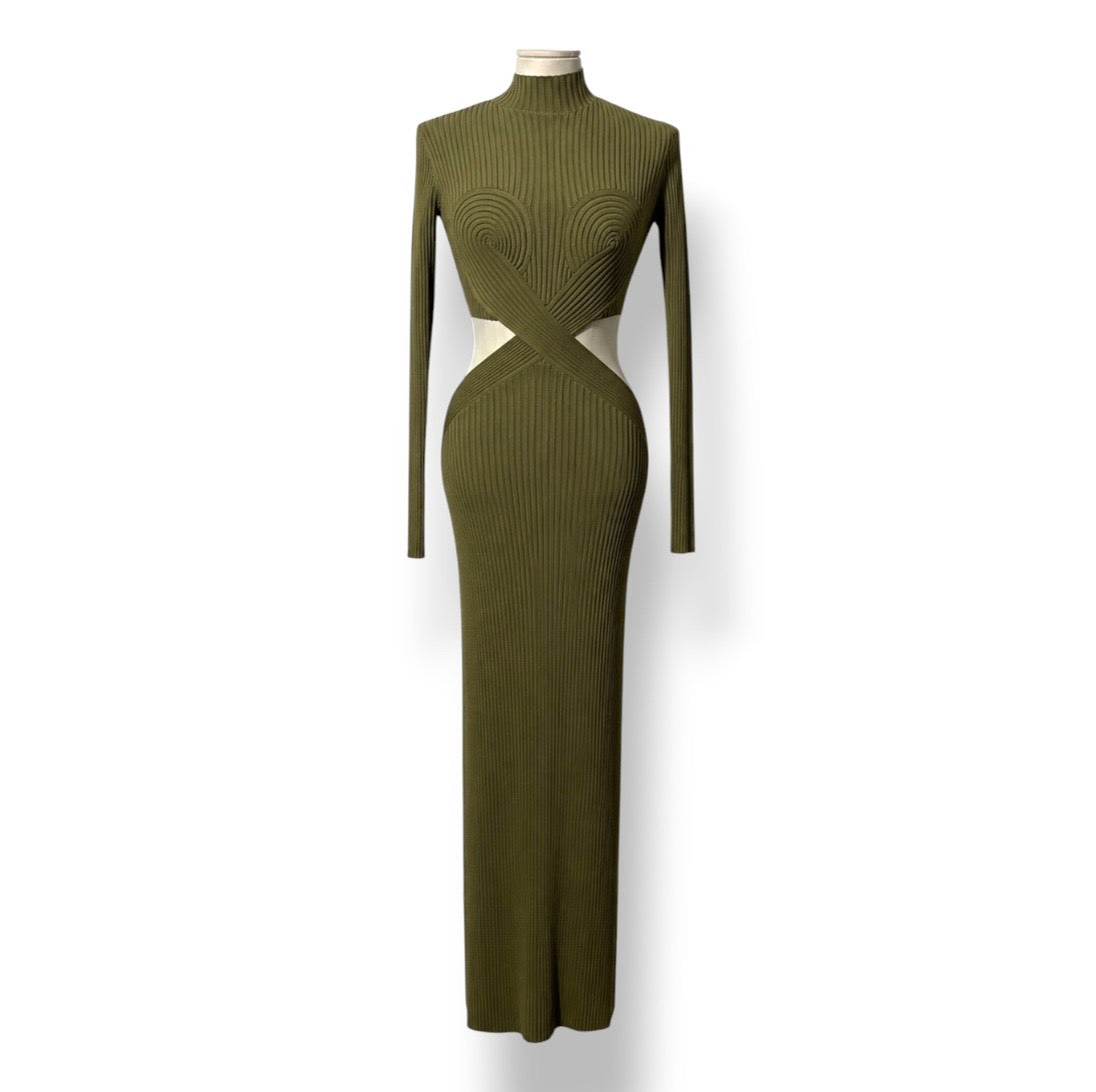 Vestido Largo Dion Lee de Canalé con Detalles Cut-Out en Verde Oliva