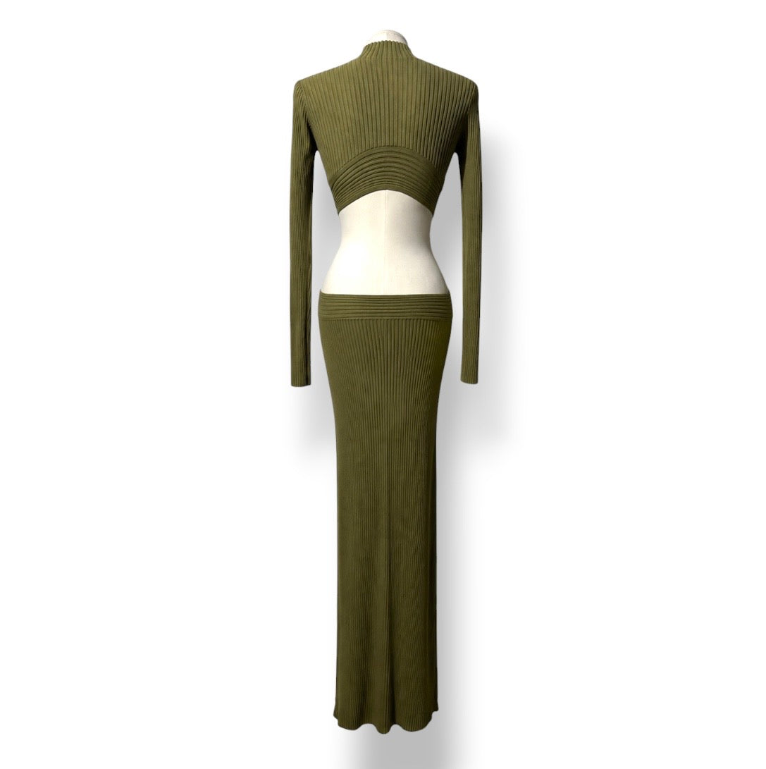 Vestido Largo Dion Lee de Canalé con Detalles Cut-Out en Verde Oliva
