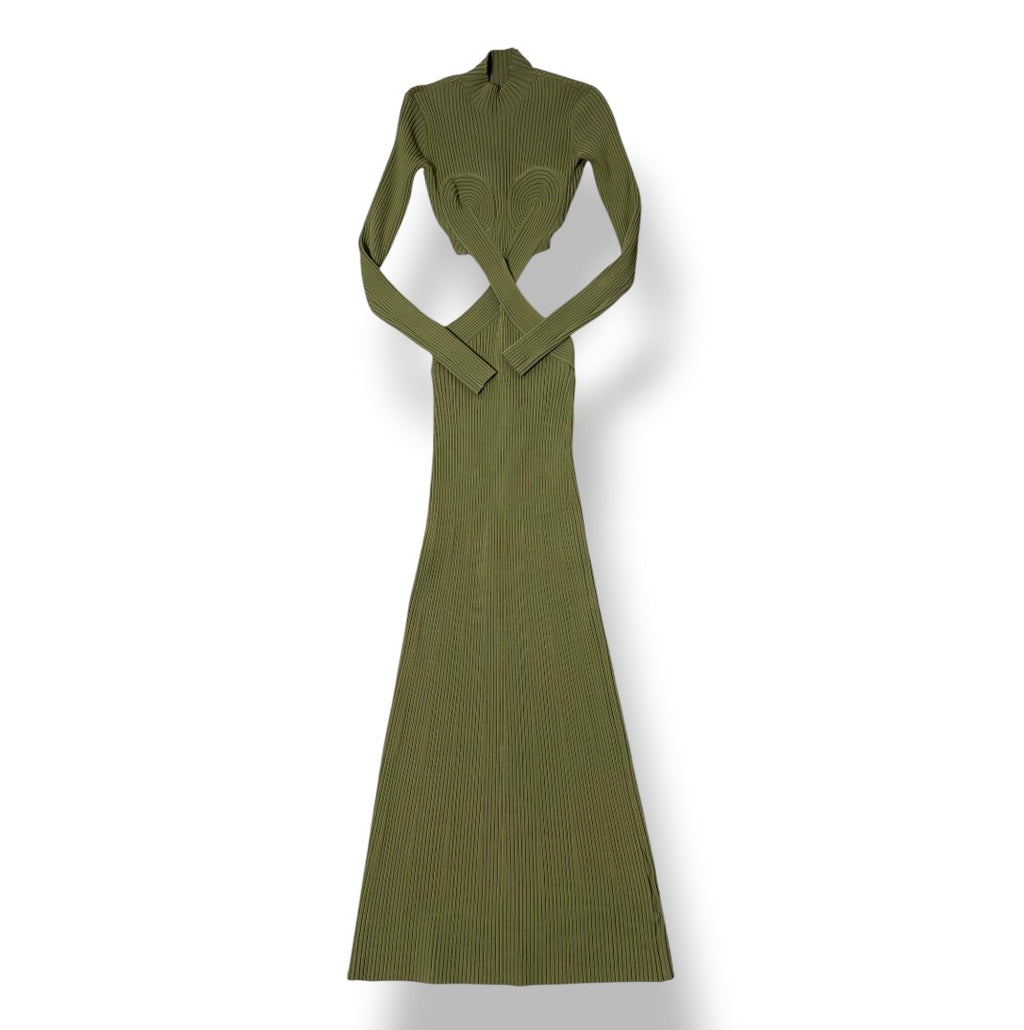 Vestido Largo Dion Lee de Canalé con Detalles Cut-Out en Verde Oliva