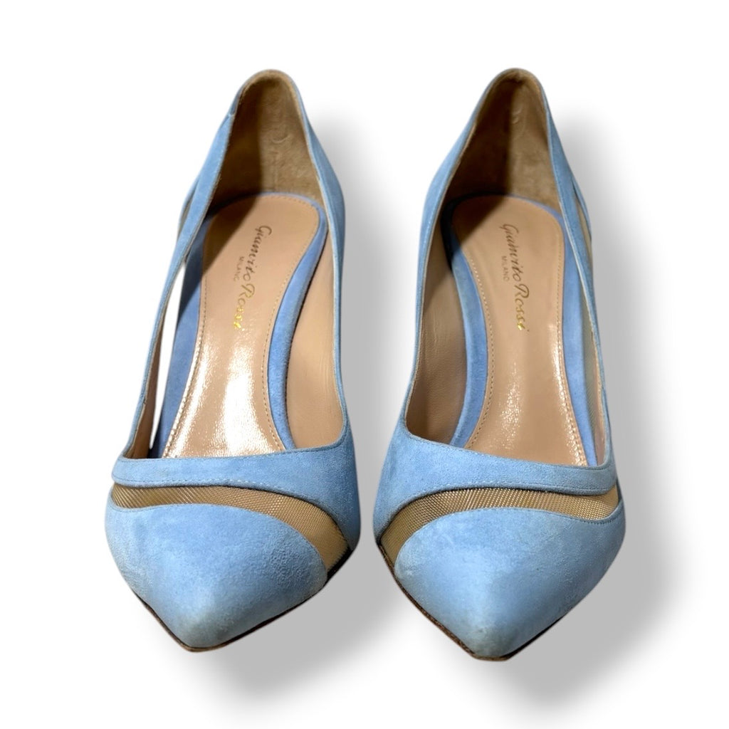 Zapatos de Tacón de Aguja en Ante Celeste y Malla Transparente - Gianvito Rossi