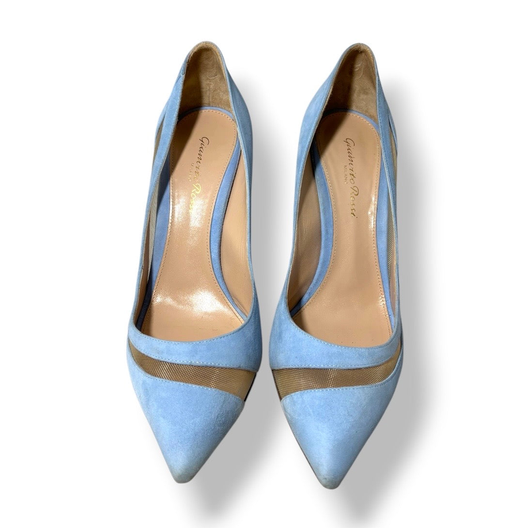 Zapatos de Tacón de Aguja en Ante Celeste y Malla Transparente - Gianvito Rossi