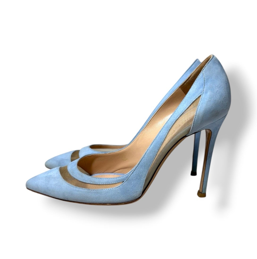 Zapatos de Tacón de Aguja en Ante Celeste y Malla Transparente - Gianvito Rossi