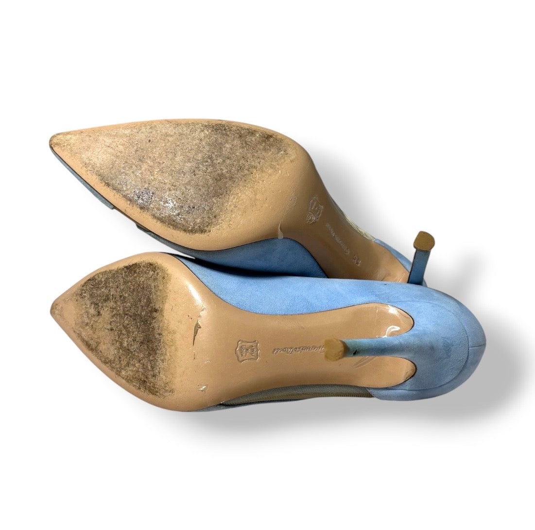 Zapatos de Tacón de Aguja en Ante Celeste y Malla Transparente - Gianvito Rossi