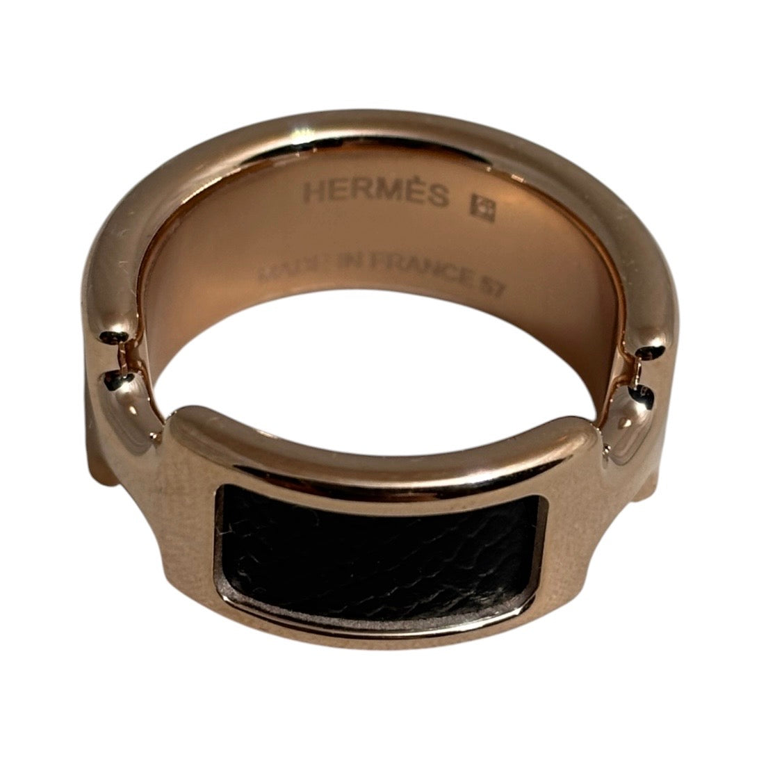 Anillo de Lujo Hermès Olympe: Elegancia en Oro Rosa y Cuero Negro
