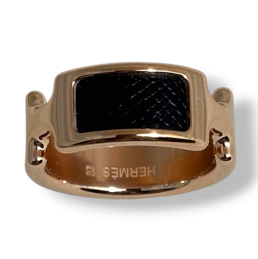 Anillo de Lujo Hermès Olympe: Elegancia en Oro Rosa y Cuero Negro