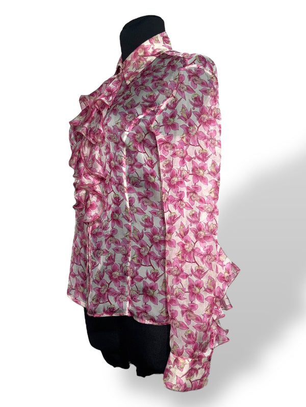 Blusa Valentino de seda con estampado floral rosa y volantes