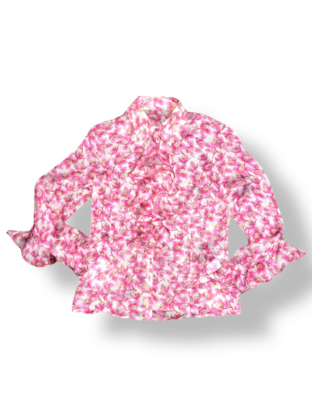Blusa Valentino de seda con estampado floral rosa y volantes