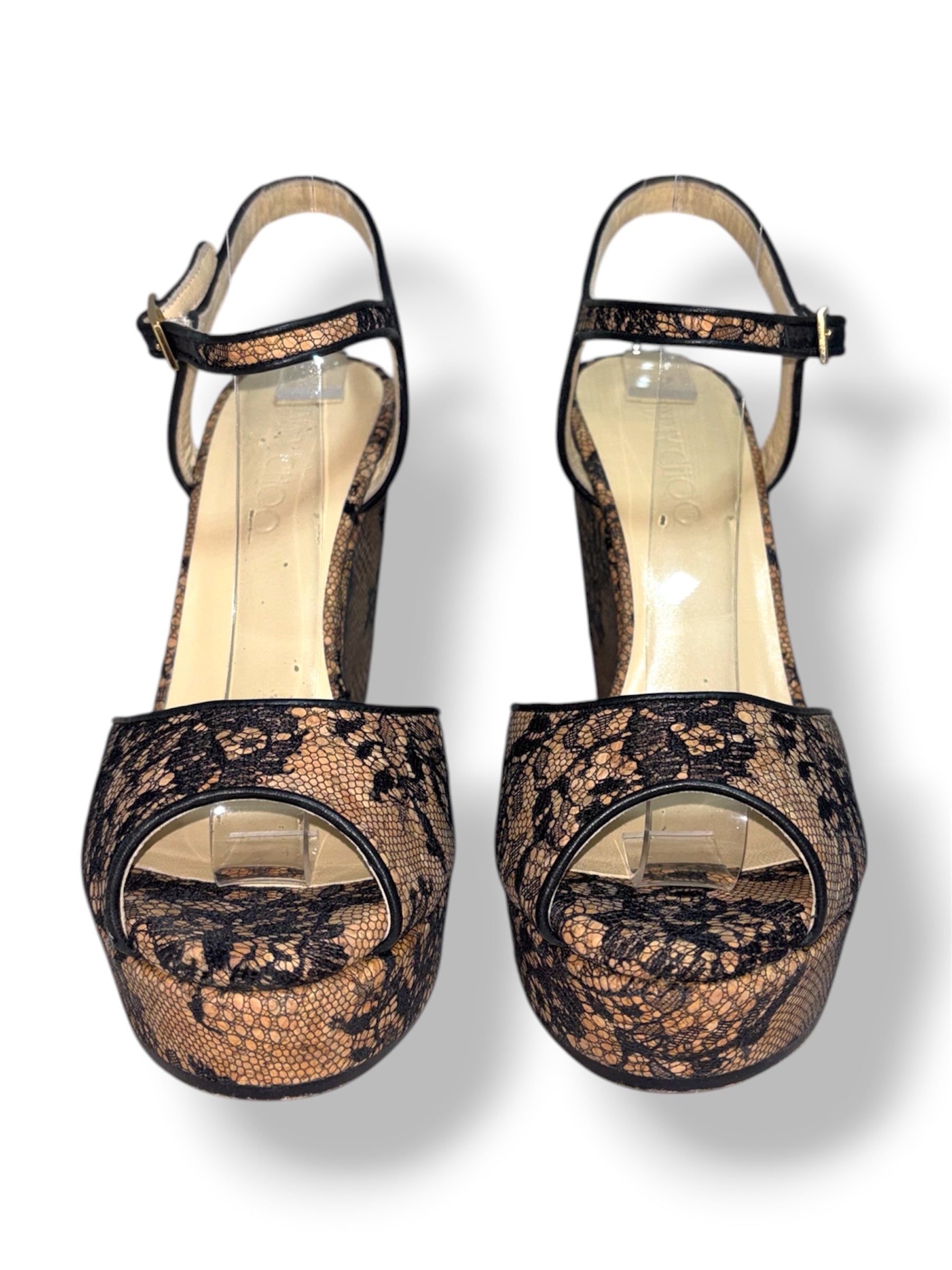 Sandalias de Cuña Jimmy Choo Perla 120 en Encaje Floral Negro y Natural