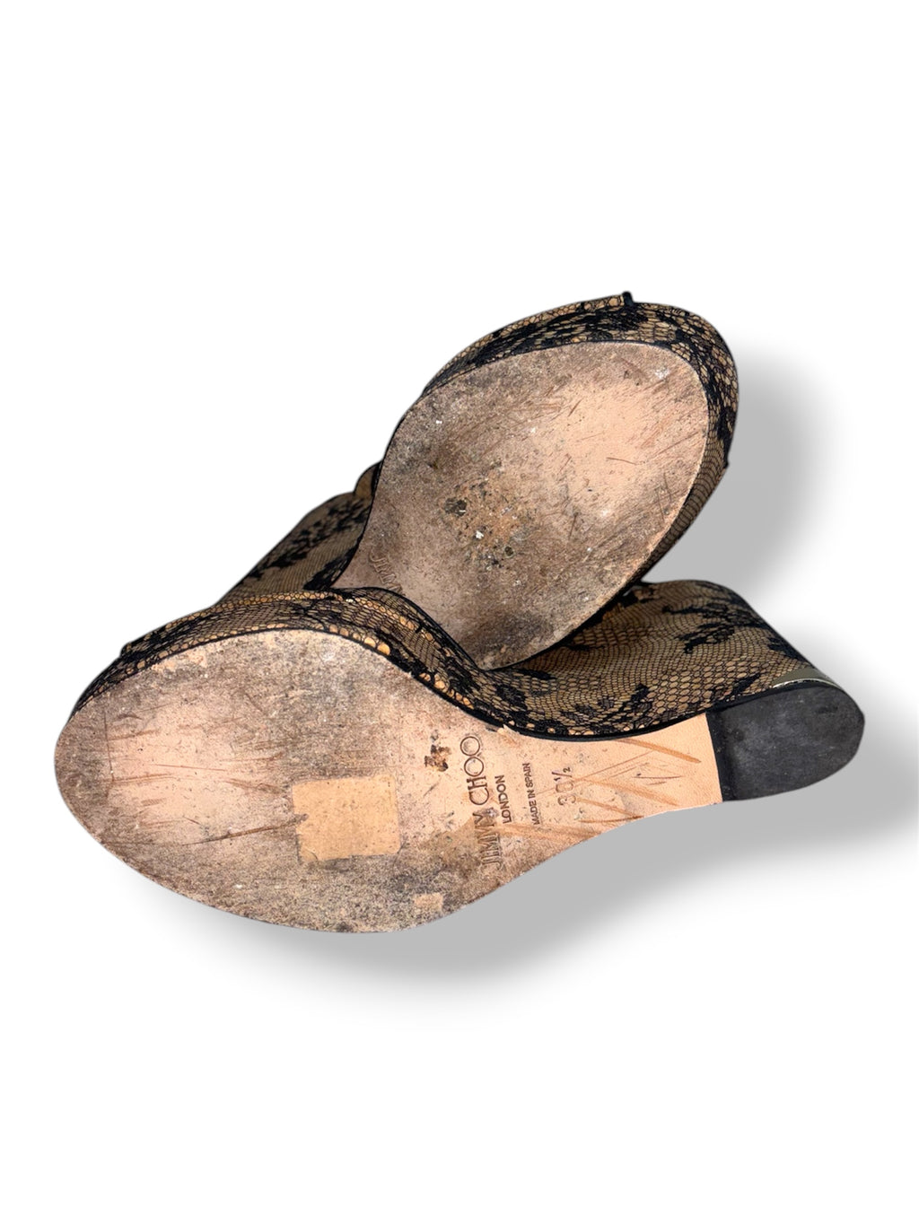 Sandalias de Cuña Jimmy Choo Perla 120 en Encaje Floral Negro y Natural