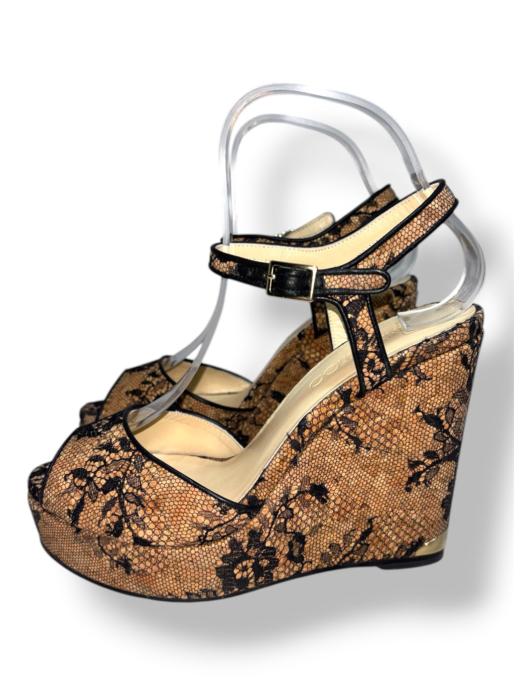 Sandalias de Cuña Jimmy Choo Perla 120 en Encaje Floral Negro y Natural