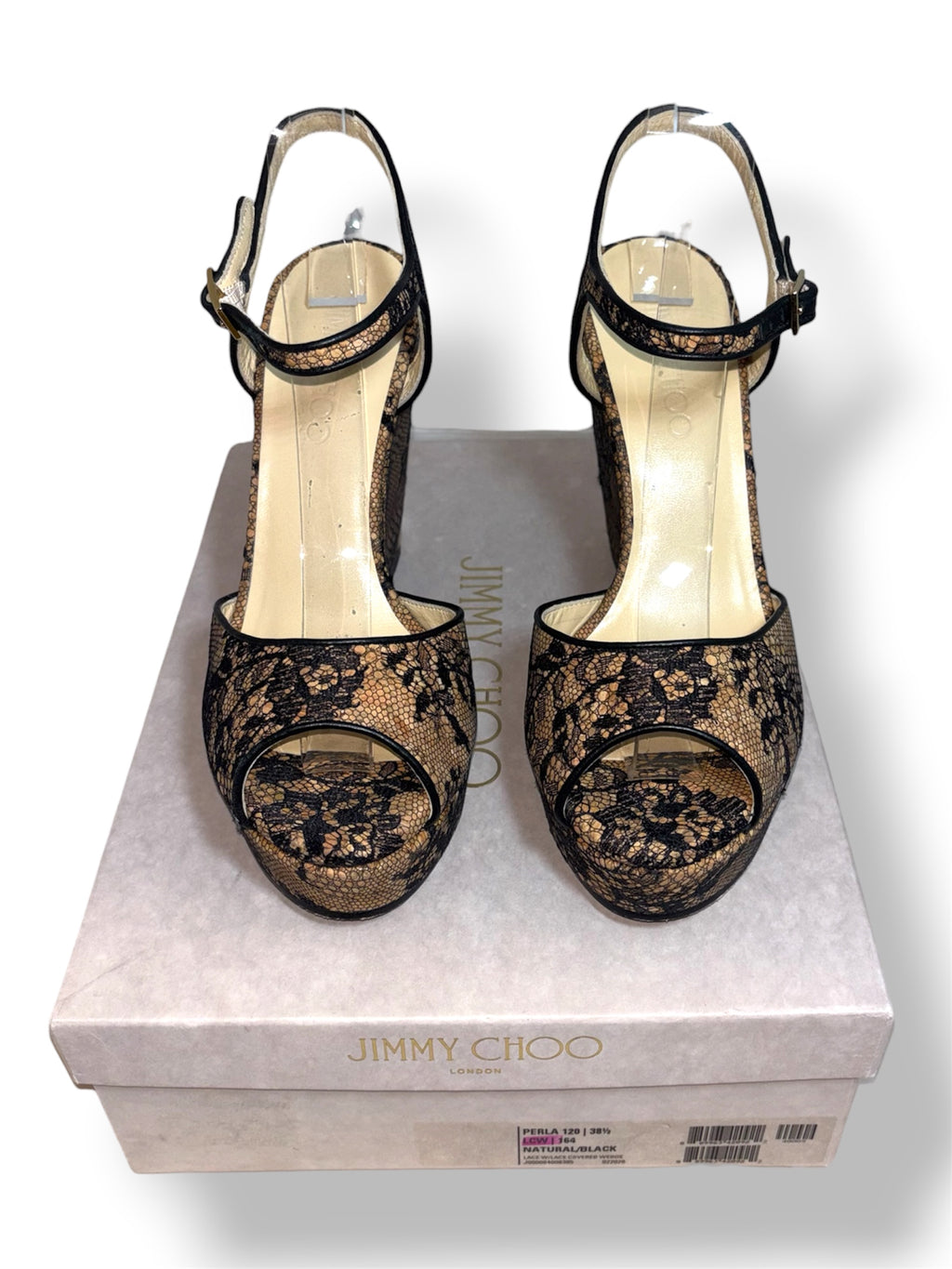 Sandalias de Cuña Jimmy Choo Perla 120 en Encaje Floral Negro y Natural