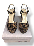 Sandalias de Cuña Jimmy Choo Perla 120 en Encaje Floral Negro y Natural