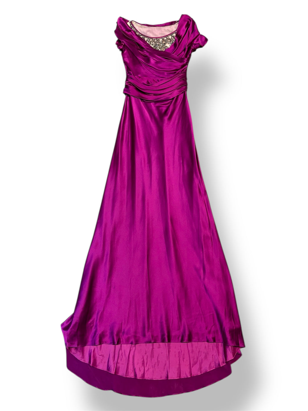 Vestido de noche Moschino en satén fucsia con escote joya bordado