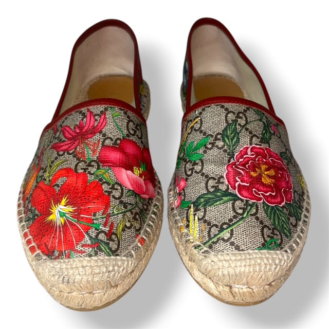 Alpargatas Gucci GG Supreme "Flora" con Ribete de Piel Rojo