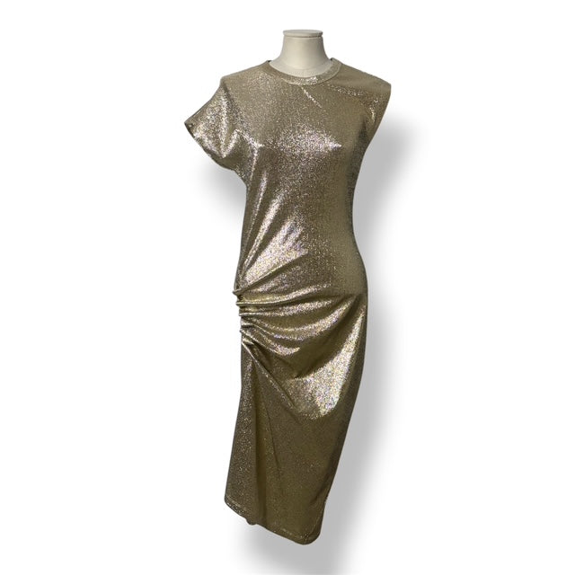 Vestido Dorado Metalizado Rabanne Nuevo | Vestido Midi de Fiesta Drapeado